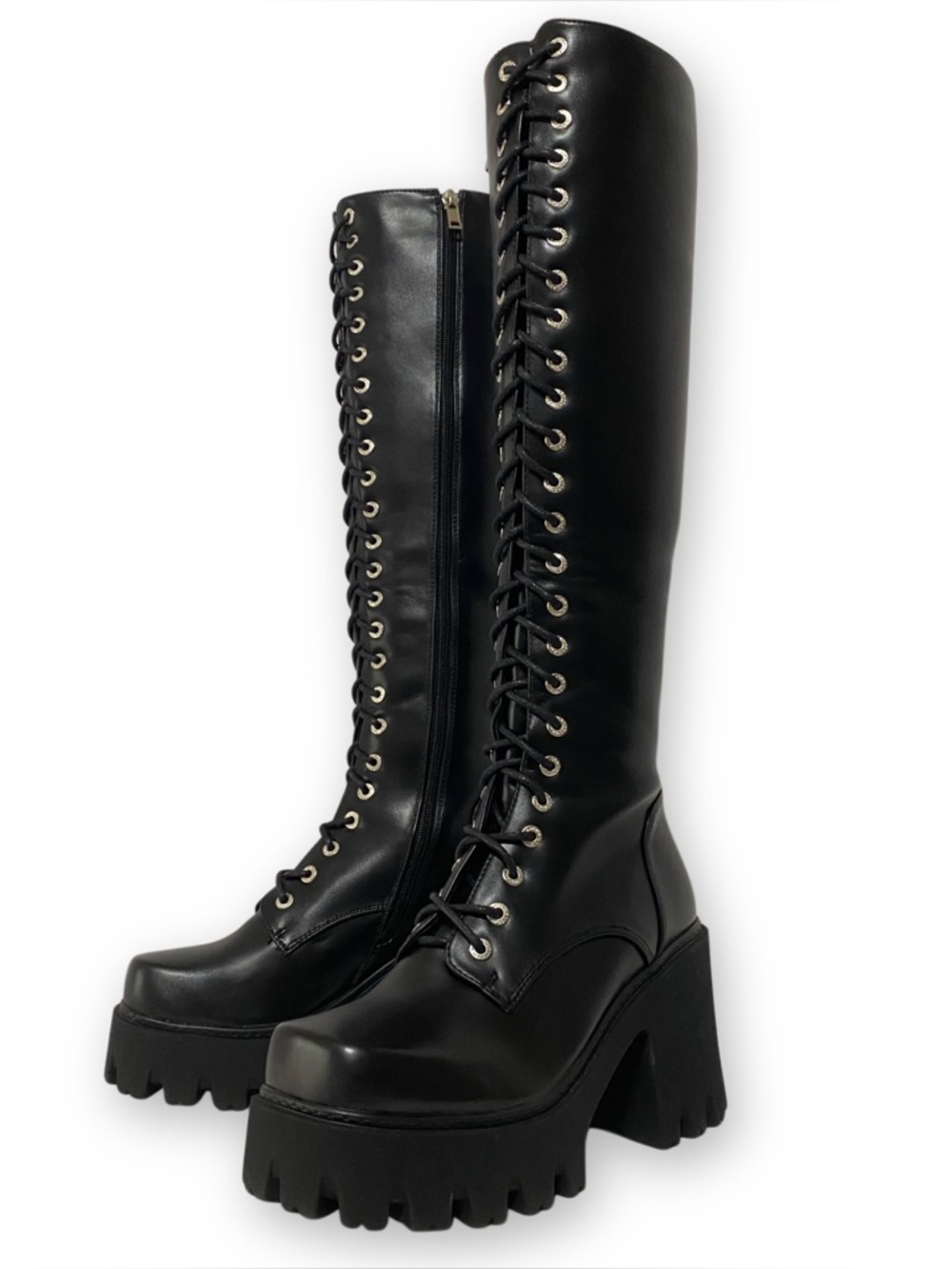 Lamoda Size 7 Black The Loop Platform Boots Chunky Heel Knee High Lace Up Boots